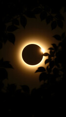 "Capture a stunning solar eclipse where the moon perfectly obscures the sun, creating a striking black silhouette. A vibrant halo of orange light radiates around the moon, enhancing the celestial beau
