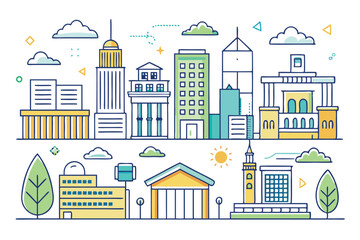 A vibrant depiction of various commercial buildings in a cityscape bathed in daylight, Set of Commerical Buildings line icons