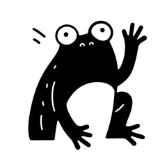 Whimsical black frog waving cheerfully in a playful vector style on a bright background