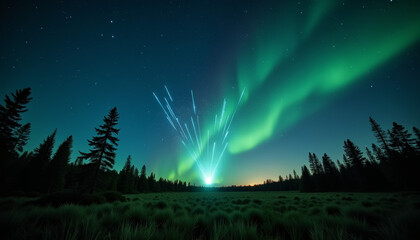 Mystical meteor shower illuminating forest clearing at night, ethereal beauty