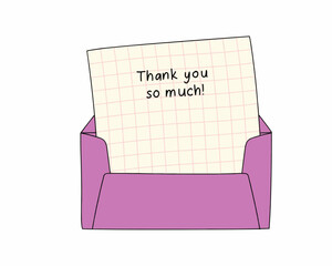 "Thank You So Much!" letter in envelope, a cute and minimalistic design of an open envelope containing a pink notepad sheet with the handwritten message.