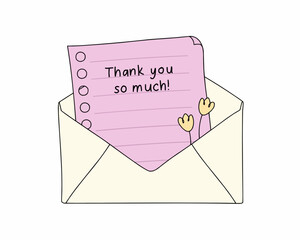 "Thank You So Much!" letter in envelope, a cute and minimalistic design of an open envelope containing a pink notepad sheet with the handwritten message.