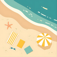 Summer beach scene with colorful towels, umbrella, and starfish.