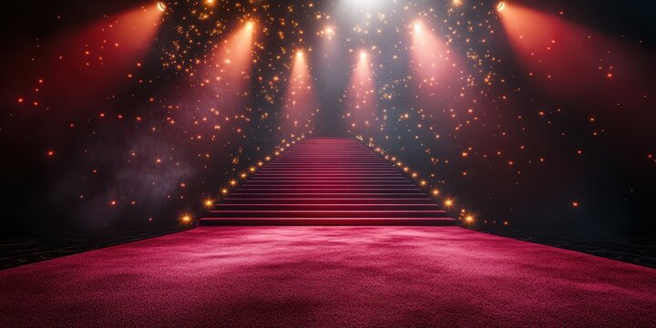 Stairs leading to a stage adorned with dazzling lights inviting guests for a grand event in a vibrant setting