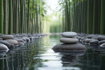 Bamboo forest with stacked stones on water. Zen, calming nature scene