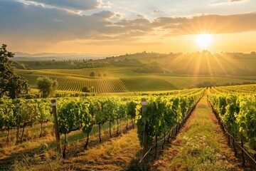 Naklejka premium Sunset Over Rolling Hills and Vineyards in Tuscany