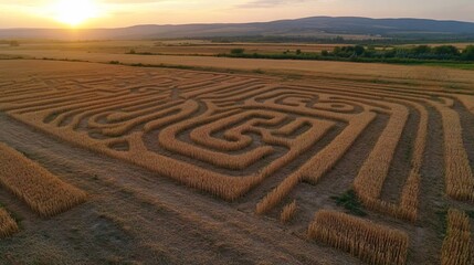 Aerial View Stunning Sunset Corn Maze Farm