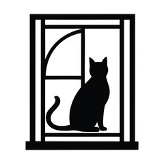 Cat Silhouette in Various Poses, Black Vector Illustration of a Cat Looking Out the Window