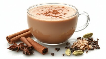 Masala Chai with Spices &ndash; Warming and Aromatic DrinkIndian Spiced Tea in a Glass Cup with Cinnamon and Cardamom