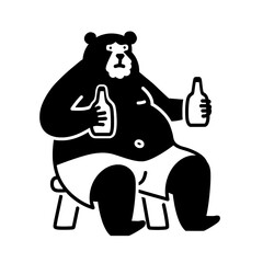 Charming bear relaxing with drinks while sitting on a wooden stool in a cheerful and whimsical vector design