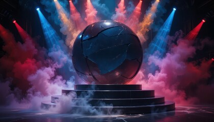 Abstract globe with colorful lights and fog on a dark stage