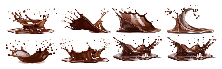 Set of delicious melted chocolate splashes, chocolate drips, sweet dessert, creamy cocoa, liquid chocolate, splash texture, smooth chocolate, candy, sweet treats, melted sweets