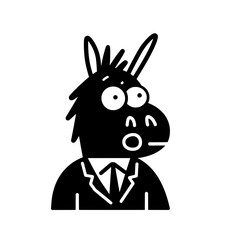 Cartoon donkey character in a suit expressing surprise with big eyes and a shocked expression in a fun and whimsical style
