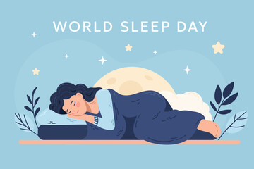 Flat vector illustration for World Sleep Day featuring a woman sleeping peacefully under the night sky, with stars, the moon, and plants in a calm, relaxing atmosphere. 