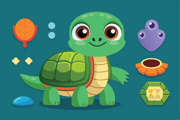 Obraz premium A cheerful turtle surrounded by various cute design elements, ready for animation and storytelling, Set of elements for animating cute turtle,