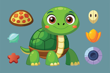 Obraz premium A friendly turtle character is accompanied by animated elements like food and toys, creating a whimsical vibe, Set of elements for animating cute turtle,