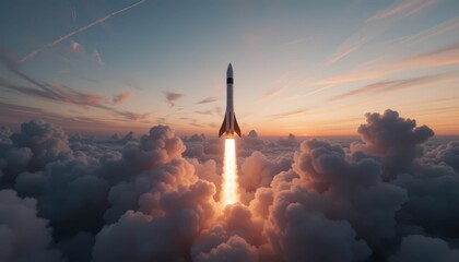 Rocket Launch Igniting the Sky in Vibrant Sunset and Cloudscape