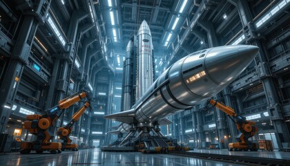 Naklejka premium Futuristic Rocket in High-Tech Launch Facility with Robots