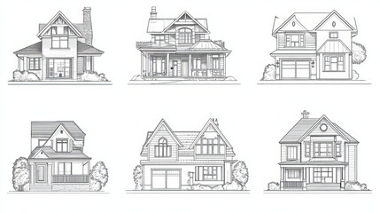 Fototapeta premium Cottage houses, vector illustration. Set of cottages and townhouses in various styles for buildings facade design and home exterior, line art, front view isolated on white.