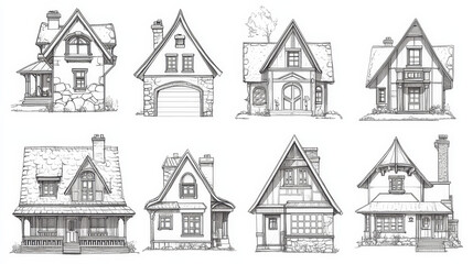 Naklejka premium Cottage houses, vector illustration. Set of cottages and townhouses in various styles for buildings facade design and home exterior, line art, front view isolated on white.