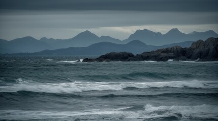 Stormy Seascape: Majestic Mountains and Turbulent Ocean Waves