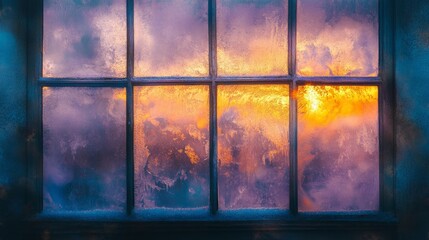 Beautiful Sunset Reflected on Frosted Window Panes at Dusk