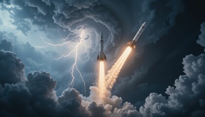 Obraz premium Rockets Launching Through Dramatic Stormy Skies with Lightning