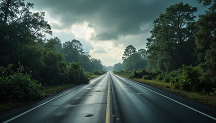 Desolate road under dark storm clouds, aftermath of disaster