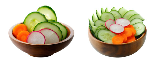 Vibrant arrangement of cucumber, radish and carrot slices in wooden bowls evokes a fresh and healthy dining experience isolated on transparent background