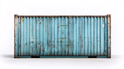 blue shipping container with rust and faded paint on white background

