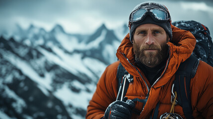Portrait of a mountain climber on top of a mountain in extreme conditions. His bright jacket stands out against the blue sky and snowy peaks. The sun illuminates his face