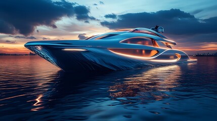 a luxury yacht floating on calm water, with a beautiful sunset in the background. The yacht is sleek and modern
