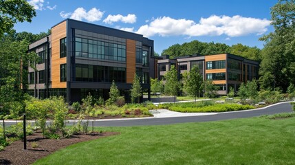 Fototapeta premium Modern Architectural Office Complex nestled in a lush green landscape