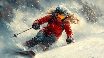 Female Skier Descends Snowy Alpine Slope in Dynamic Action Pose