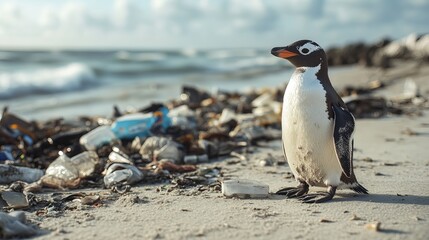 Naklejka premium Gentle Penguin Amidst Beach Pollution Ocean Wildlife Conservation Environmental Awareness Plastic Waste Problem Global Warming Climate Change Seabird 