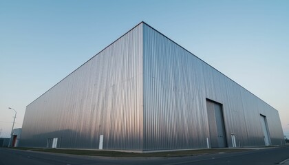 Modern Industrial Warehouse with Metallic Exterior and Clear Sky