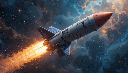 Fototapeta premium Rocket Launching Into Space With Bright Flames and Starry Background