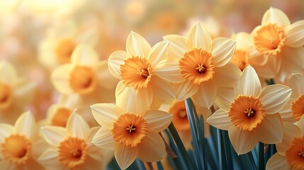 Fototapeta premium Close-up of pale yellow daffodils in sunlight.