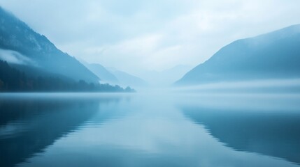 Obraz premium Serene Misty Mountain Lake Reflection: A Tranquil Dawn Landscape Photography