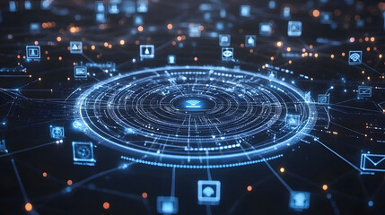 Glowing digital network with floating icons and symbols representing communication, data, and technology.