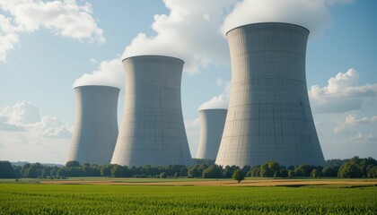 Fototapeta premium Cooling Towers Surrounded by Green Fields Under Blue Sky