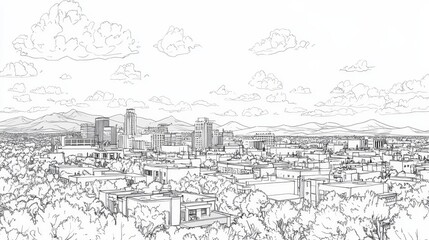 Obraz premium Albuquerque New Mexico Cityscape Line Art Coloring Page - A detailed line art coloring page depicting the Albuquerque, New Mexico cityscape. Features buildings, trees, mountains