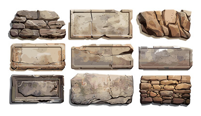 Vintage stone sign plates, old plaques vector set, rustic stone signs, weathered plaques, ancient stone engraving, textured stone boards, retro wall signs, antique stone markers