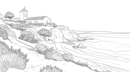Fototapeta premium Algarve Coastline Coloring Page - Detailed line art coloring page depicting a tranquil coastal scene. Features a church, cliffs, ocean waves, vegetation