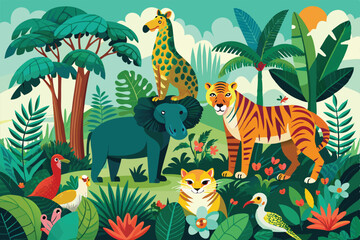 Colorful jungle animals like a lion, tiger, and giraffe coexist with exotic plants in a vibrant ecosystem, set of isolated jungle animals and tropical plants - vector illustration