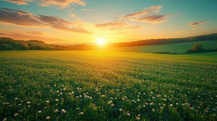 Obraz premium Golden sunset over floral meadow and distant trees beneath cloudy skies. Serene landscape