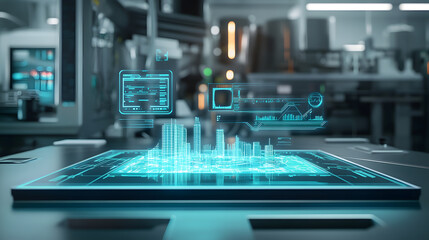 Holographic data visualization in a modern tech workspace