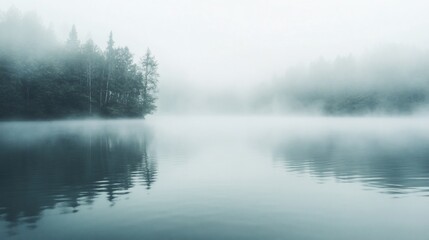 Fototapeta premium Misty Morning Lake Reflection: Serene Forest Scene in Foggy Waters
