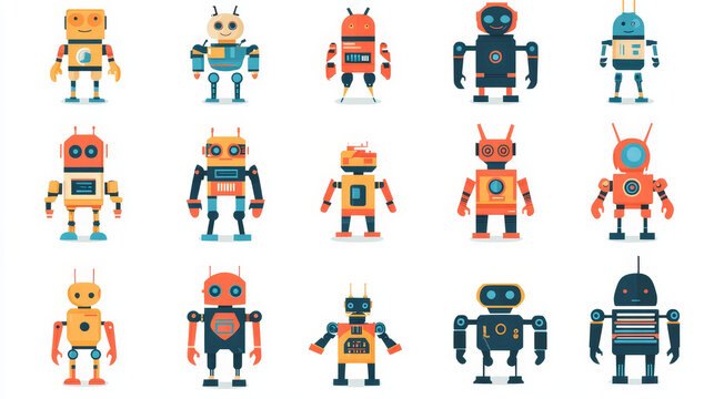 Robot icons vector set logo robotic machine technology robocop cartoon character AI artificial Intelligence robotechnic illustration isolated on white background.