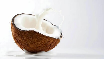 Coconut Half with Fresh Coconut Milk Splashing on a White  Background